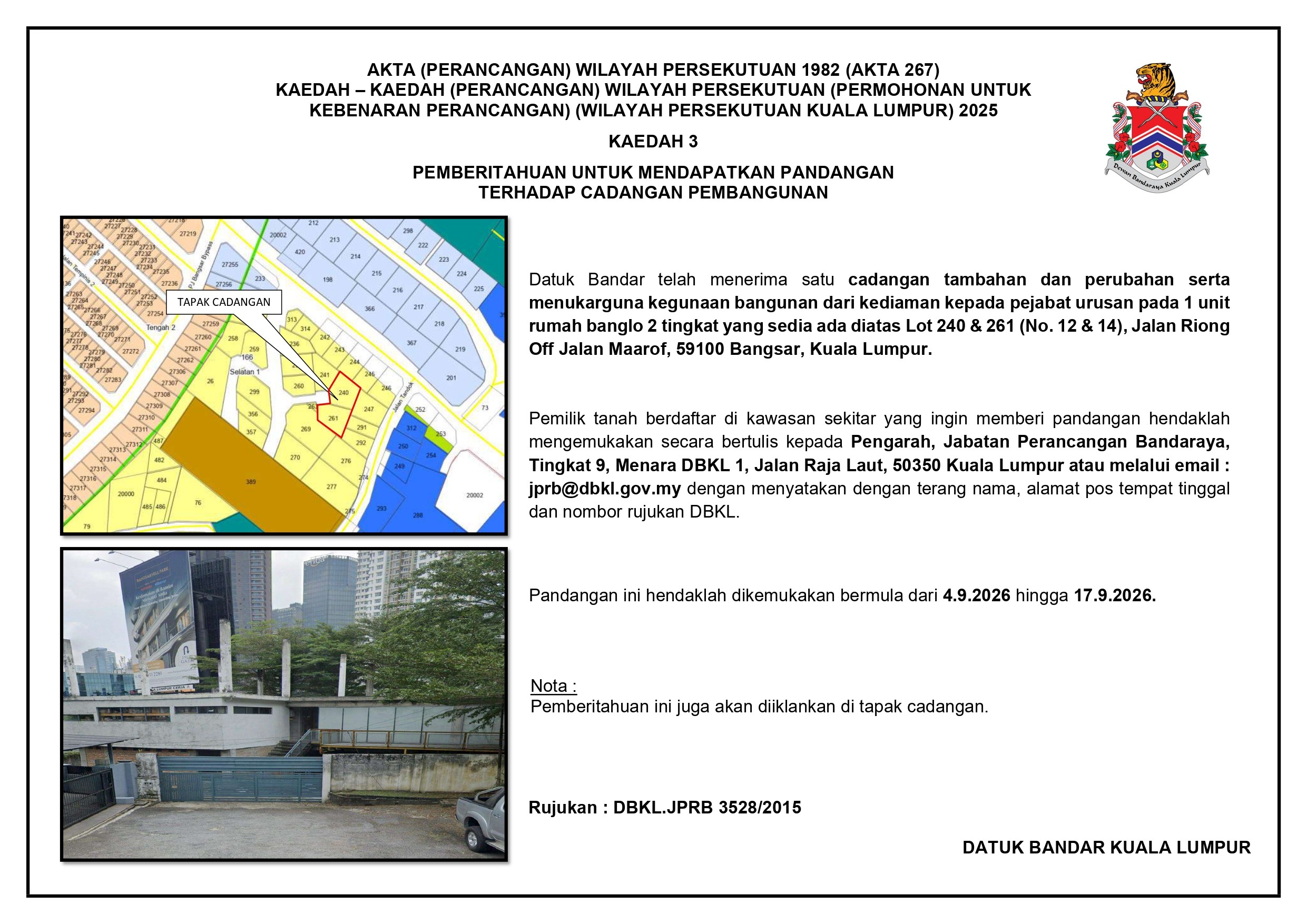 Hebahan notis pemberitahuan atas lot 240 & 261