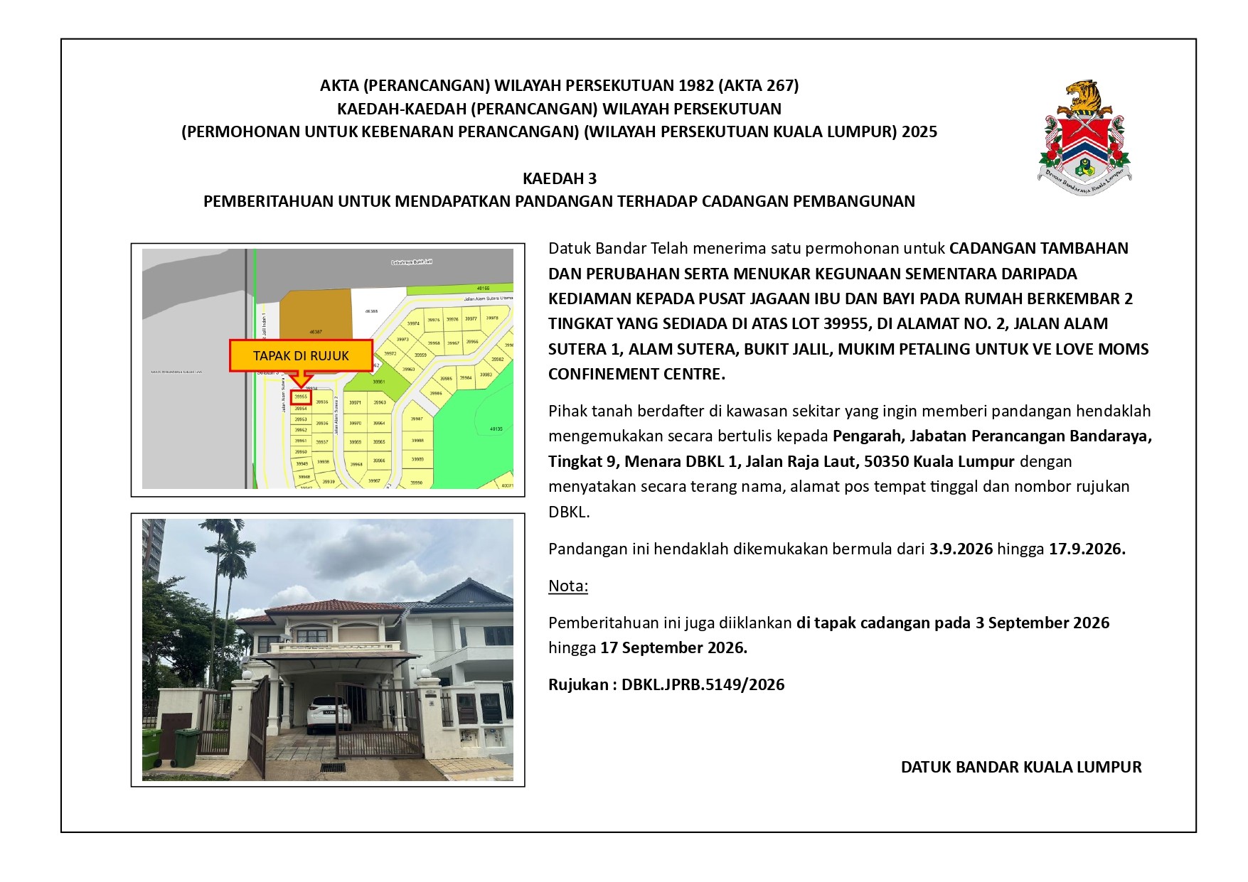 Hebahan notis pemberitahuan lot 39955