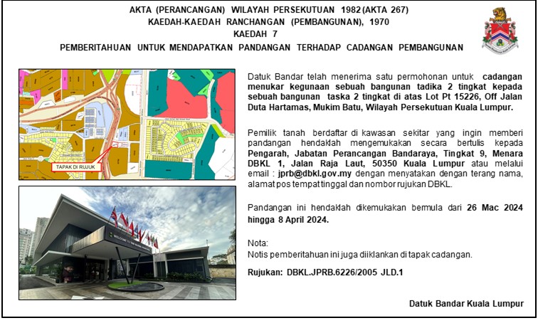 Portal Rasmi Dewan Bandaraya Kuala Lumpur | Hebahan Bagi Notis Pemberitahuan Untuk Mendapatkan Pandangan Pemilik Tanah Berdaftar Di Atas Lot Pt. 15226, Off Jalan Duta Hartamas, Mukim Batu, Wilayah Persekutuan Kuala Lumpur