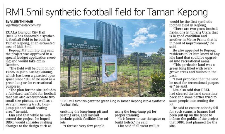 Portal Rasmi Dewan Bandaraya Kuala Lumpur | RM1.5mil Synthetic Football Field For Taman Kepong – The Star