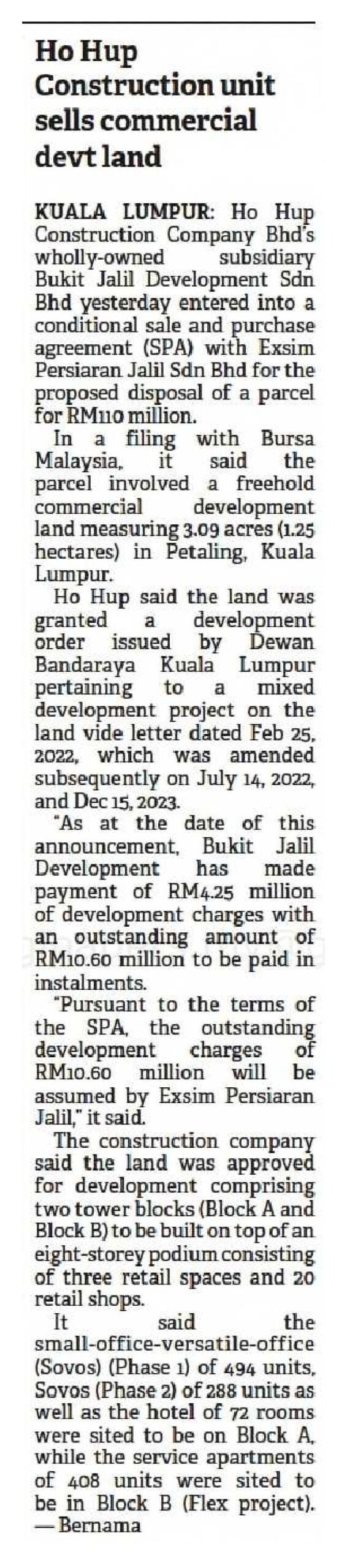 Portal Rasmi Dewan Bandaraya Kuala Lumpur | Ho Hup Construction Unit Sells Commercial Devt Land – The Borneo Post Sarawak