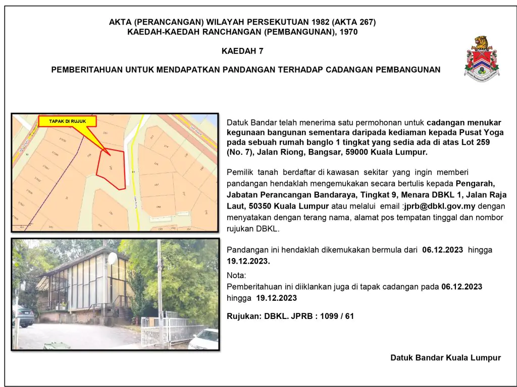Portal Rasmi Dewan Bandaraya Kuala Lumpur | Hebahan Bagi Notis Pemberitahuan Untuk Mendapatkan Pandangan Pemilik Tanah Berdaftar Di Atas Lot 259 No.7, Jalan Riong, Bangsar, 59000 Kuala Lumpur