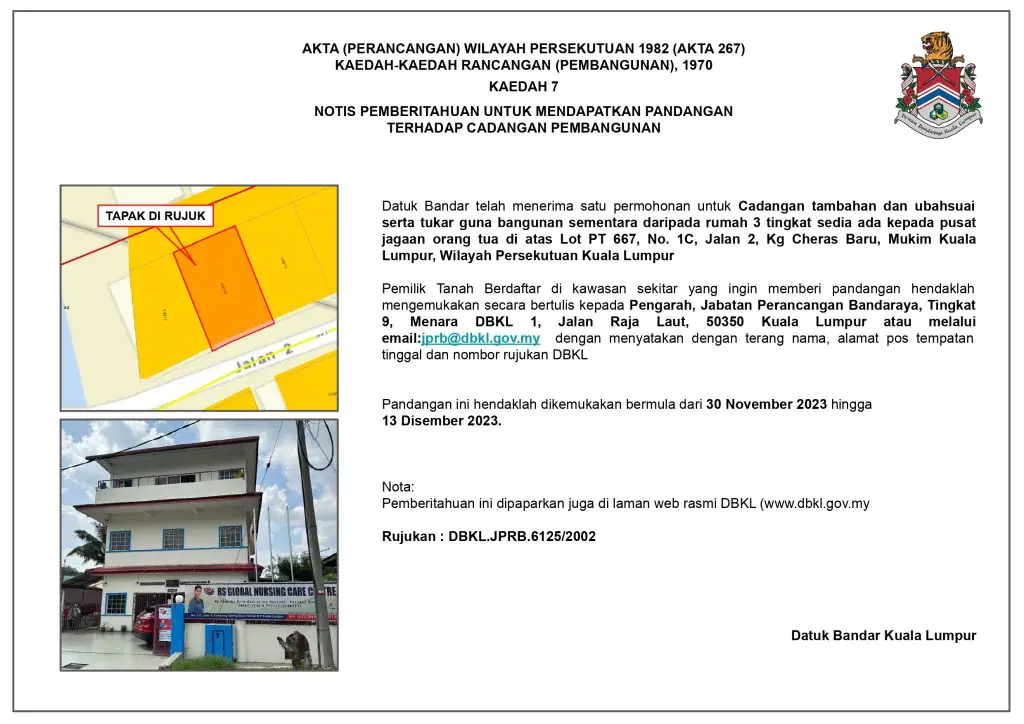 Portal Rasmi Dewan Bandaraya Kuala Lumpur | Hebahan Bagi Notis Pemberitahuan Untuk Mendapatkan Pandangan Pemilik Tanah Berdaftar Di Atas Lot Pt 667, No. 1C, Jalan 2, Kg Cheras Baru, Mukim Kuala Lumpur, WPKL